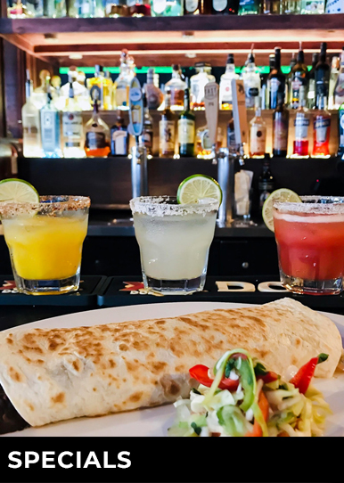 View of a burrito with 3 drinks